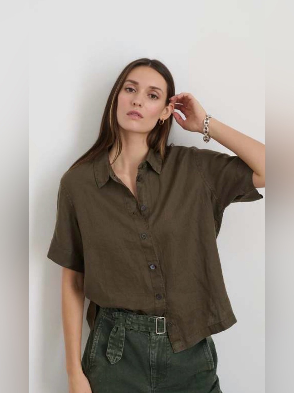 Alex Mill Maddie Linen Blouse in Deep Moss